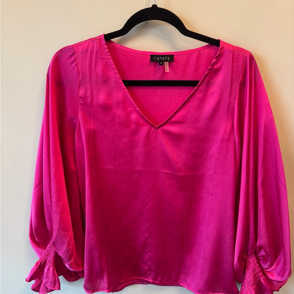 1 State Fuchsia V-Neck Satiny Blouse